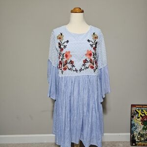Umgee Blue Embroidered Floral Boho Dress L